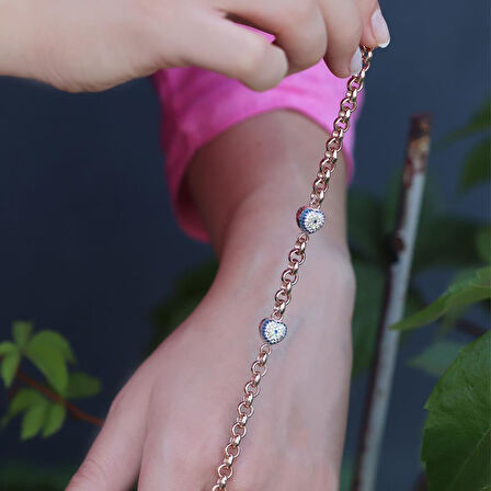 Kalp Nazar Boncuklu Zirkon Taşlı Rose Gold Kaplama Zincir Bileklik