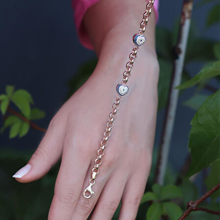 Kalp Nazar Boncuklu Zirkon Taşlı Rose Gold Kaplama Zincir Bileklik