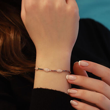 Renkli Zirkon Taşlı Su Yolu Rose Gold Kaplama Gümüş Bileklik