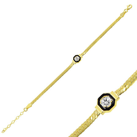 Zirkon Taşlı Gold Kaplama Balık Sırtı Gümüş Bileklik