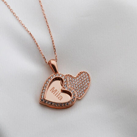 Kişiye Özel Kalp Zirkon Taşlı Rose Gold Kaplama İsim Yazılabilir Kolye