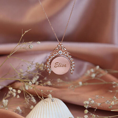 Kuşlu Zirkon Taşlı İsim Yazılabilir Rose Gold Kaplama Gümüş Kolye