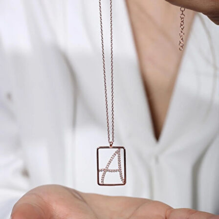 A Harfi Zirkon Taşlı Rose Gold Kaplama Çerçeveli Gümüş Kolye
