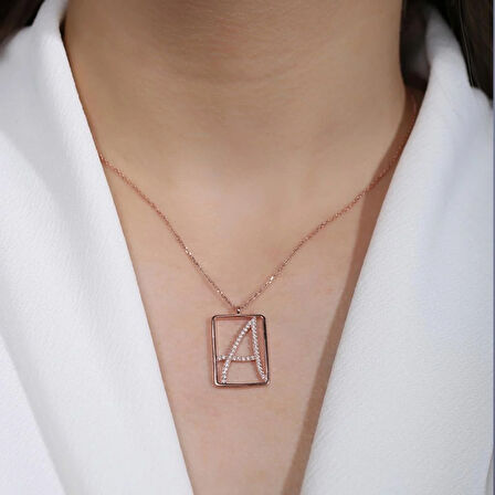 A Harfi Zirkon Taşlı Rose Gold Kaplama Çerçeveli Gümüş Kolye