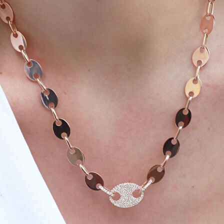 Düğme Modeli Zirkon Taşlı Rose Gold Kaplama Gümüş Kolye