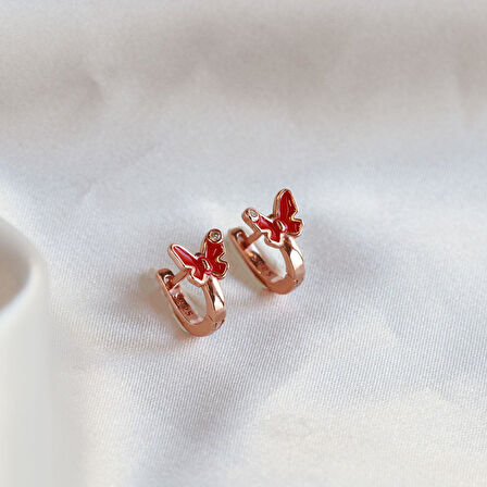 Kırmızı Kelebek Model Mini Zirkon Taşlı Rose Gold Kaplama Gümüş Çocuk Küpesi