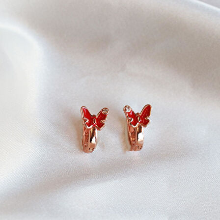 Kırmızı Kelebek Model Mini Zirkon Taşlı Rose Gold Kaplama Gümüş Çocuk Küpesi