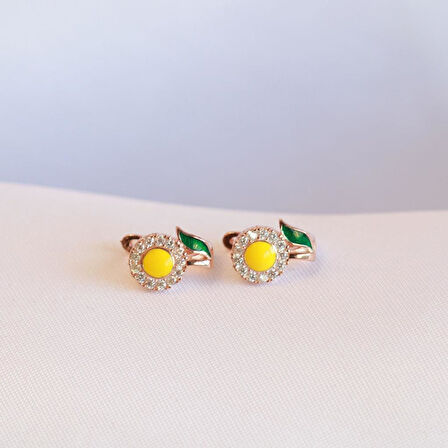 Mine İşli Sarı Papatya Zirkon Taşlı Rose Gold Kaplama Gümüş Küpe