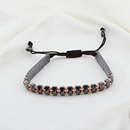 Hematit Taşlı Piramit Rose Gold Kaplama Gümüş Makrome Erkek Bilekliği