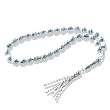 4 Püsküllü Çizgili Arpa Kesim 925 Ayar Gümüş Tesbih