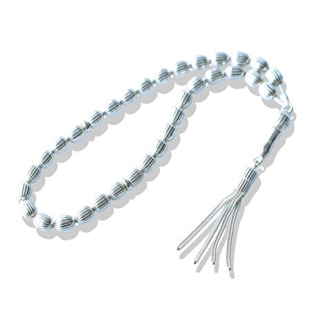 4 Püsküllü Çizgili Arpa Kesim 925 Ayar Gümüş Tesbih