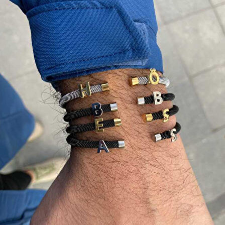 Kişiye Özel Harfli Siyah-Gümüş Erkek Bilekliği