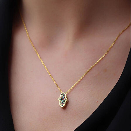 Gold Kaplama Çift Taraflı Fatma Ana Eli içi Zirkon Taşlı 925 Ayar Gümüş Kolye