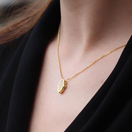 Gold Kaplama Çift Taraflı Fatma Ana Eli içi Zirkon Taşlı 925 Ayar Gümüş Kolye