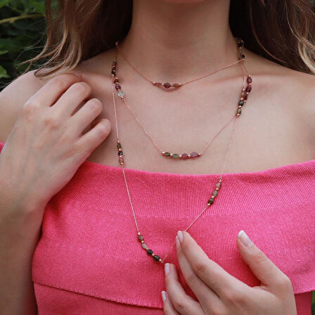 Turmalin Taşlı Dolamalı Rose Gold Gümüş Kolye