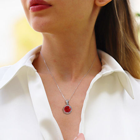 Red Paraiba Taşlı Yuvarlak Model 925 Ayar Gümüş Kolye