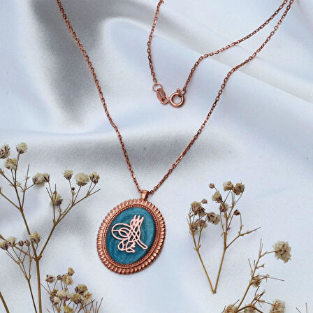 Mine İşli Osmanlı Tuğrası Rose Gold Kaplama Gümüş Kolye