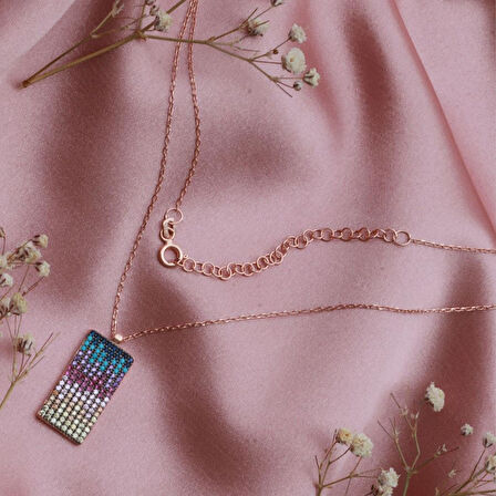 925 Ayar Renkli Zirkon Taşlı Dikdörtgen Gümüş Kolye