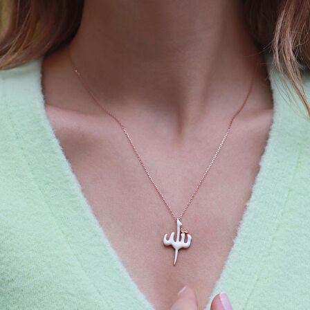 Allah Yazılı Beyaz Mine İşli Mini Zirkon Taşlı Rose Gold Kaplama Gümüş Kolye