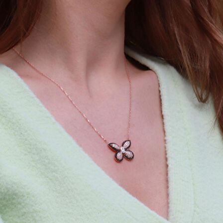 Siyah Zirkon Taşlı Kelebek Model Rose Gold Kaplama Gümüş Kolye
