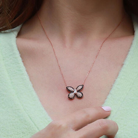 Siyah Zirkon Taşlı Kelebek Model Rose Gold Kaplama Gümüş Kolye