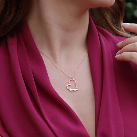 Baget Taşlı Kalpli Rose Gold Kaplama Gümüş Kolye