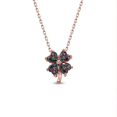 Mistik Topaz Taşlı Mini Yonca Figürlü Rose Gold Kaplama Gümüş Kolye