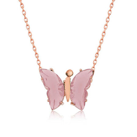 Pembe Kelebek Model Rose Gold Kaplama Zirkon Taşlı Gümüş Kolye