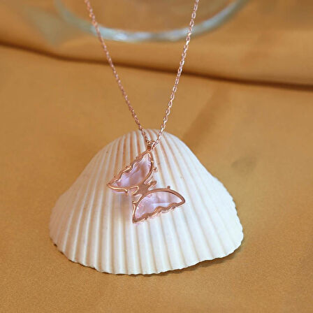 Pembe Kelebek Model Rose Gold Kaplama Zirkon Taşlı Gümüş Kolye
