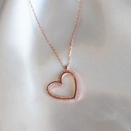 Kalp Zirkon Taşlı Rose Gold Kaplama Gümüş Kolye