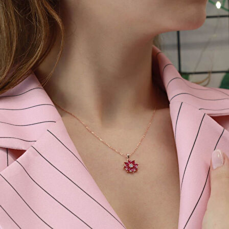 Fuşya Mini Kamelya Çiçeği Rose Gold Kaplama Gümüş Kolye