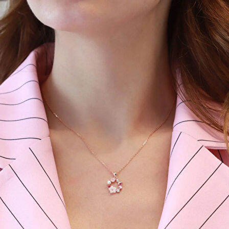 İnci ve Çiçek Motifli Rose Gold Kaplama Gümüş Kolye