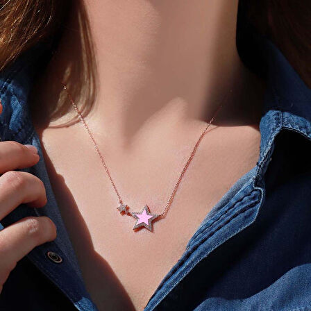 Pembe Yıldız Zirkon Taşlı Rose Gold Kaplama Mine İşli Gümüş Kolye