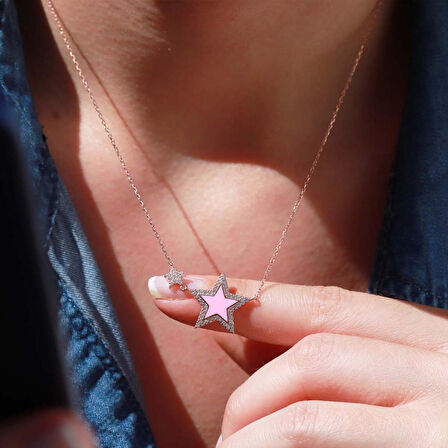 Pembe Yıldız Zirkon Taşlı Rose Gold Kaplama Mine İşli Gümüş Kolye