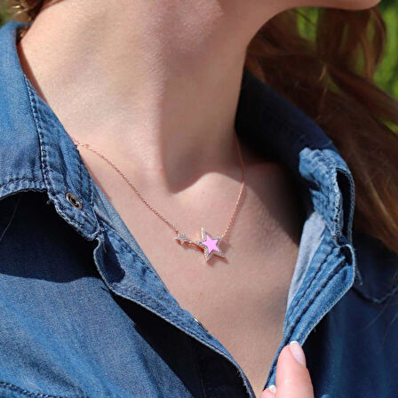 Pembe Yıldız Zirkon Taşlı Rose Gold Kaplama Mine İşli Gümüş Kolye