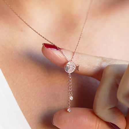 Zirkon Taşlı Sallantılı Balık Rose Gold Kaplama Gümüş Kolye