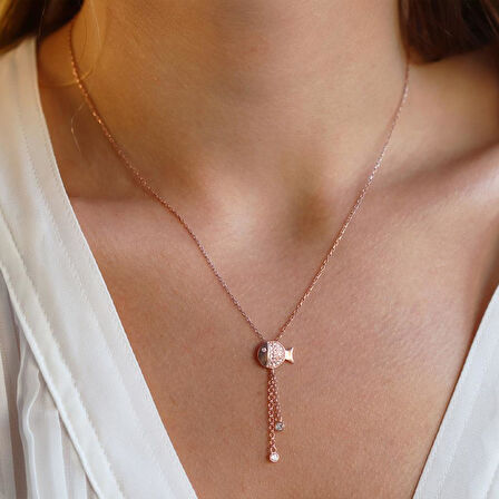 Zirkon Taşlı Sallantılı Balık Rose Gold Kaplama Gümüş Kolye