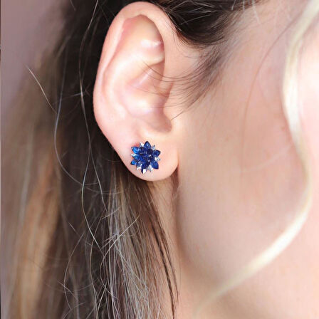 Lapis Taşlı Lotus Çiçekli Gümüş Küpe