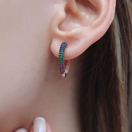 3 Boyutlu Renkli Zirkon Taşlı Kalp Gümüş Küpe