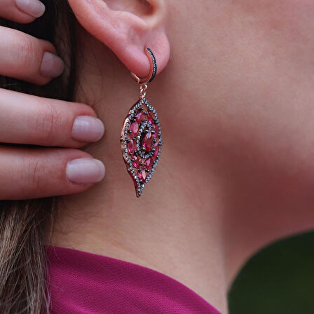 New Leaves Lal Taşlı Rose Gold Kaplama Gümüş Küpe