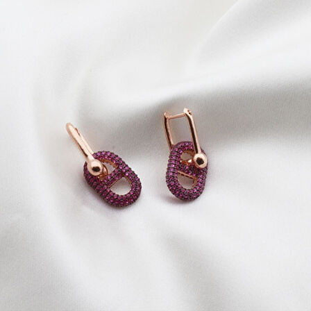 Fuşya Zirkon Taşlı Rose Gold Kaplama Düğme Gümüş Küpe