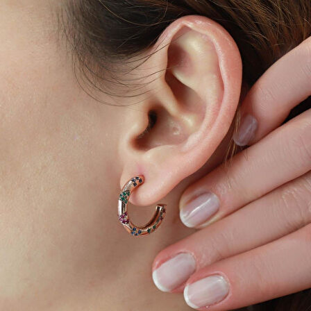 Rose Gold Kaplama Renkli Zirkon Taşlı Apm Modeli Halka Gümüş Küpe