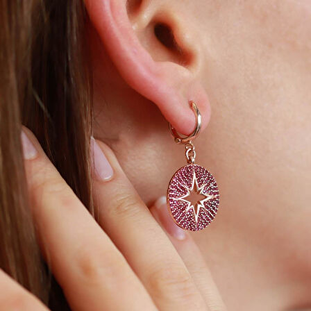 Fuşya Zirkon Taşlı Kutup Yıldızı Yuvarlak Rose Gold Kaplama Gümüş Küpe