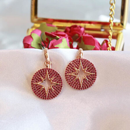 Fuşya Zirkon Taşlı Kutup Yıldızı Yuvarlak Rose Gold Kaplama Gümüş Küpe