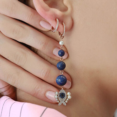 Lapis Taşlı İncili Balık Apm Model Rose Gold Kaplama Sallantı Gümüş Küpe