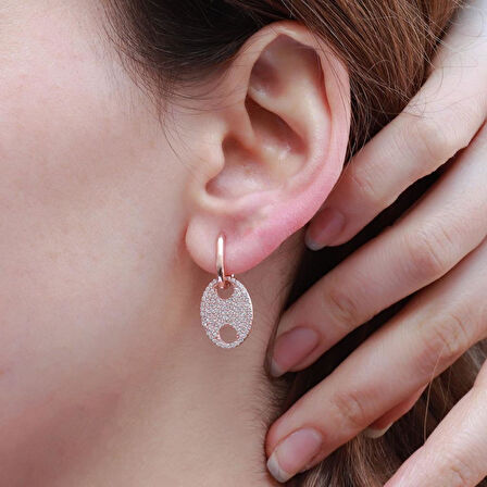 Düğme Modeli Zirkon Taşlı Rose Gold Kaplama Gümüş Küpe