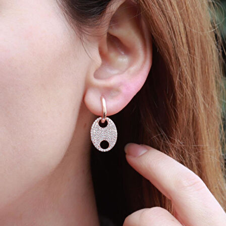 Düğme Modeli Zirkon Taşlı Rose Gold Kaplama Gümüş Küpe