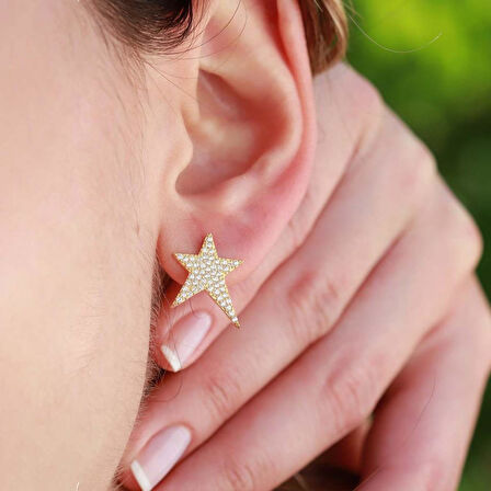 Yıldız Zirkon Taşlı Gold Kaplama Gümüş Küpe