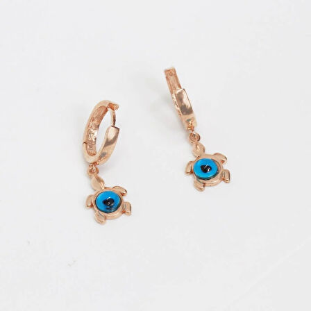 Nazar Boncuklu Kaplumbağa Figürlü Rose Gold Kaplama Gümüş Küpe