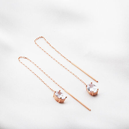 Oval Zirkon Taşlı Rose Gold Kaplama Gümüş Zincir Küpe